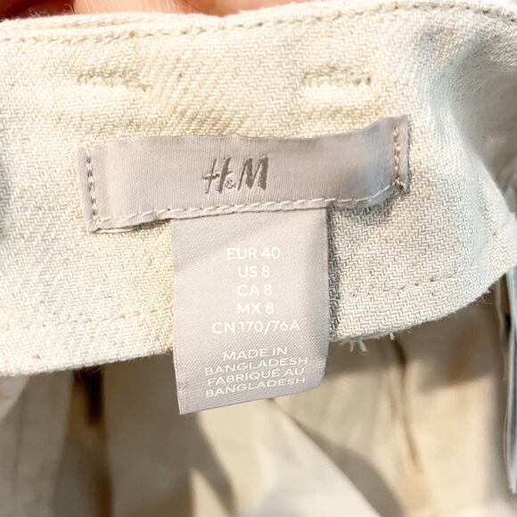 H&M High Rise Pleated Front Linen Wide Leg Ankle Pants Cream 8 - Picture 3 of 11